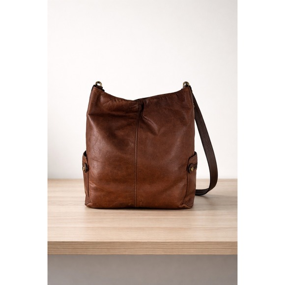 TANO Original Bag Check Bucket Brown Leather Hobo Shoulder Bag Distressed